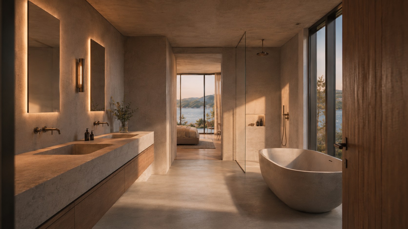 Moderne baderom i varme naturtoner